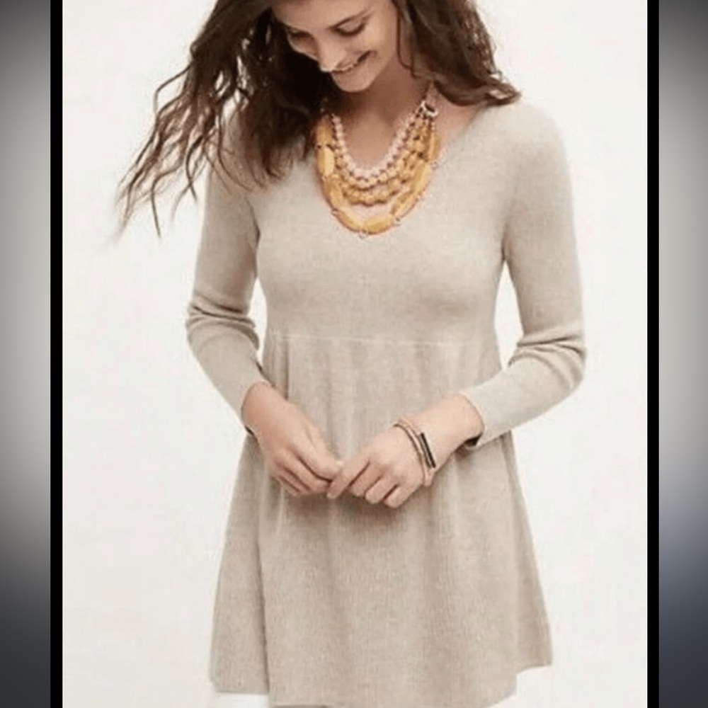 Anthropologie Knitted & Knotted Tan Beige Sweater Dress Silk Blend Size Small